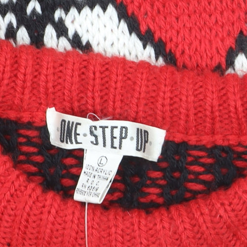 One Step Up Men's Red Chunky Knit Fair Isle Christmas Jumper L