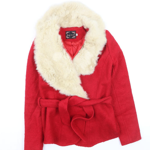 Rich L.A Womens Red Wool Blend Faux Fur Trim Belted Coat Size S