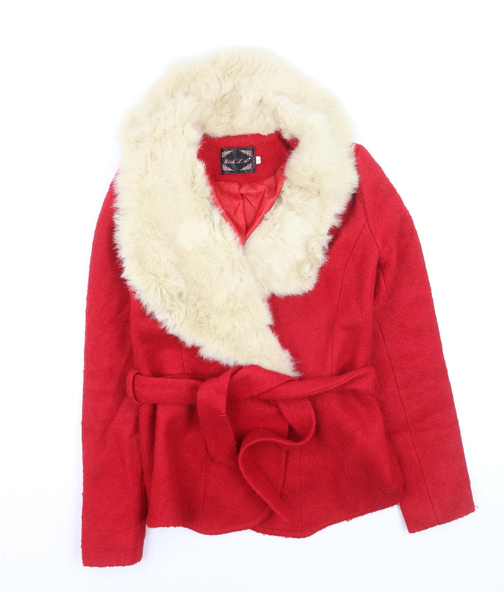 Rich L.A Womens Red Wool Blend Faux Fur Trim Belted Coat Size S