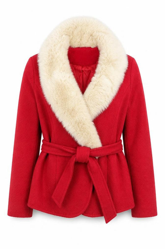 Front view of Rich L.A women’s red wool blend faux fur trim belted coat, size S