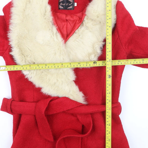 Rich L.A Womens Red Wool Blend Faux Fur Trim Belted Coat Size S