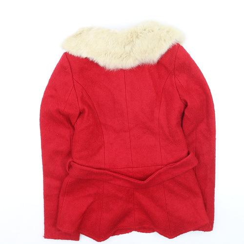 Rich L.A Womens Red Wool Blend Faux Fur Trim Belted Coat Size S