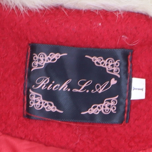 Rich L.A Womens Red Wool Blend Faux Fur Trim Belted Coat Size S
