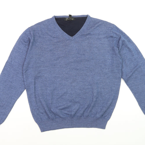 Pronto Uomo Men's Blue V-Neck Wool Blend Jumper Size L