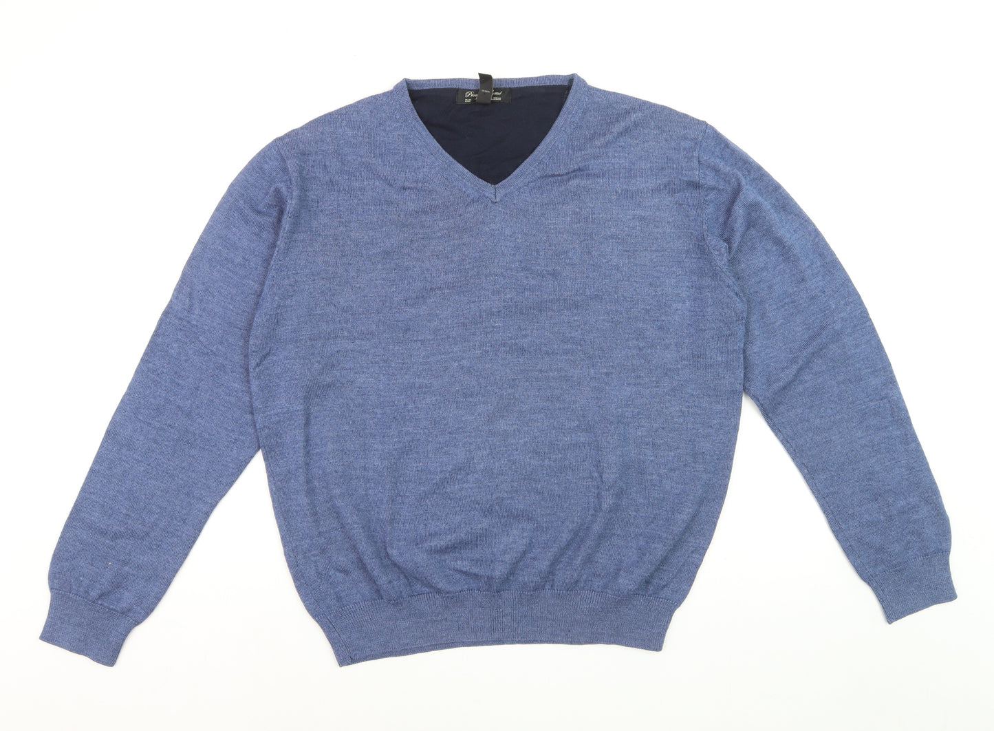Pronto Uomo Men's Blue V-Neck Wool Blend Jumper Size L