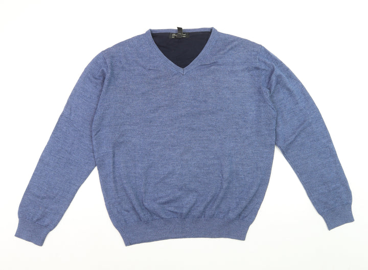 Pronto Uomo Men's Blue V-Neck Wool Blend Jumper Size L