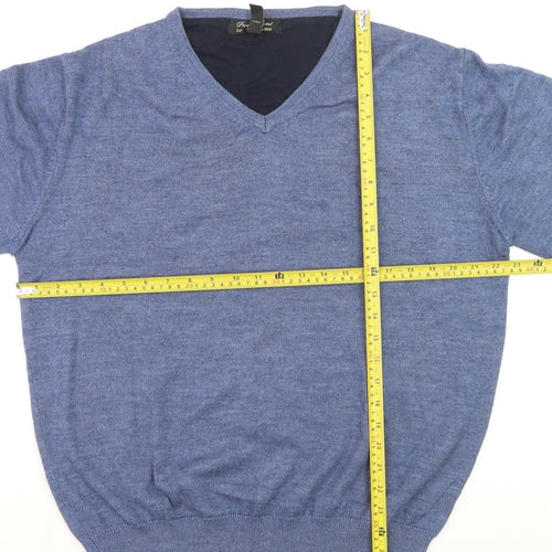 Pronto Uomo Men's Blue V-Neck Wool Blend Jumper Size L