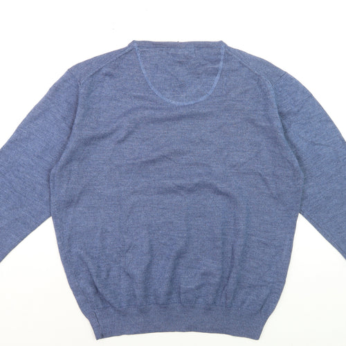 Pronto Uomo Men's Blue V-Neck Wool Blend Jumper Size L