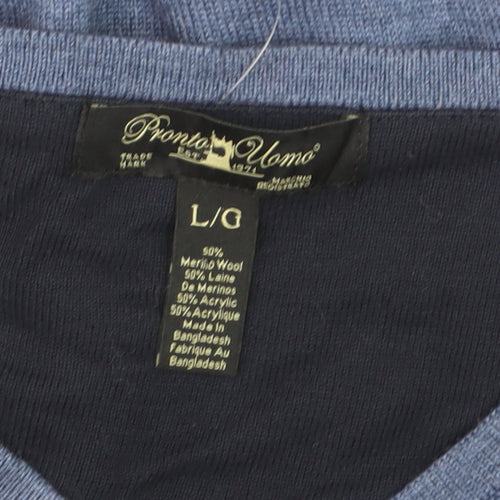 Pronto Uomo Men's Blue V-Neck Wool Blend Jumper Size L