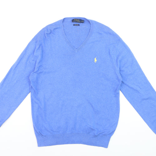 Polo Ralph Lauren Men's Blue Cotton V-Neck Jumper Size M