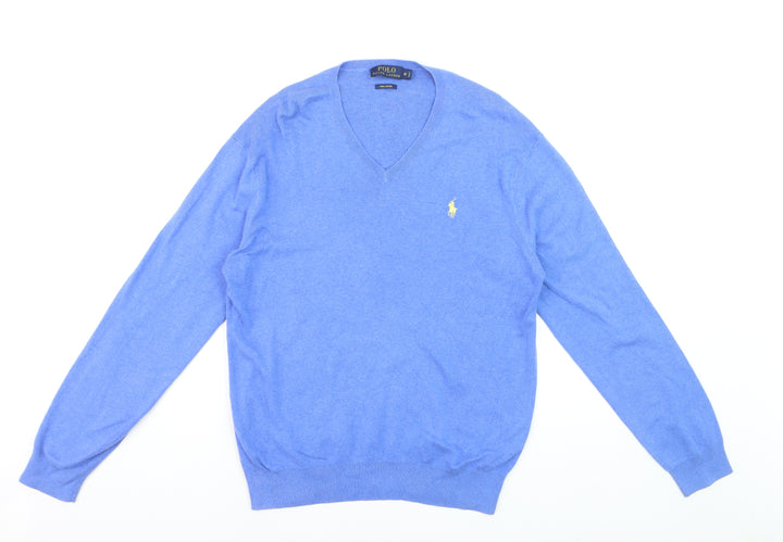 Polo Ralph Lauren Men's Blue Cotton V-Neck Jumper Size M