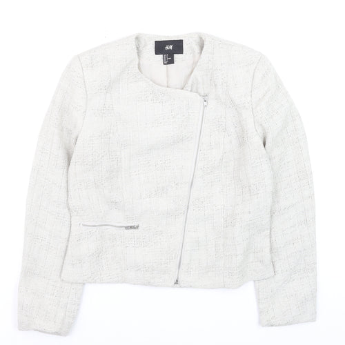 H&M Womens Ivory Bouclé Suit Jacket Size 10 Long Sleeve Asymmetric Zip