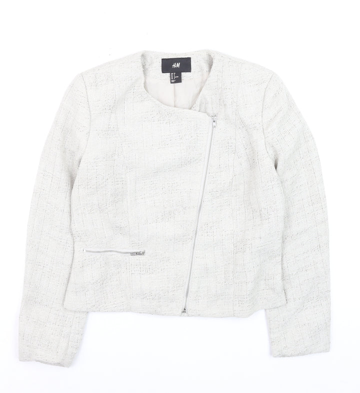 H&M Womens Ivory Bouclé Suit Jacket Size 10 Long Sleeve Asymmetric Zip
