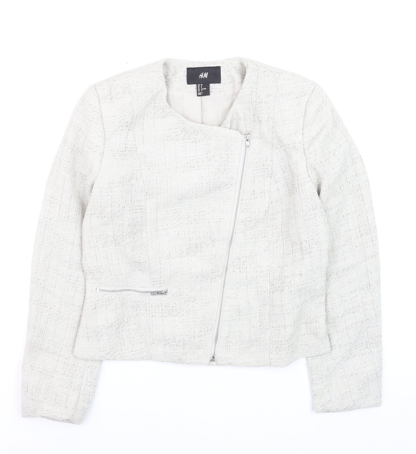 H&M Womens Ivory Bouclé Suit Jacket Size 10 Long Sleeve Asymmetric Zip