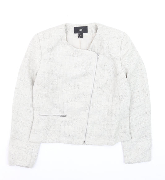 H&M Womens Ivory Bouclé Suit Jacket Size 10 Long Sleeve Asymmetric Zip