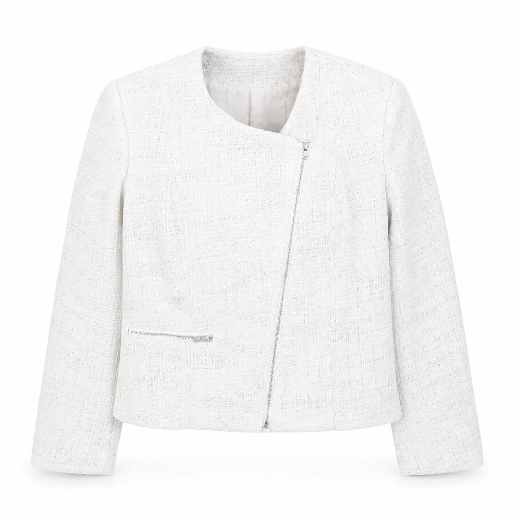 Front view of H&M women’s ivory bouclé suit jacket, size UK 10, long sleeve asymmetric zip