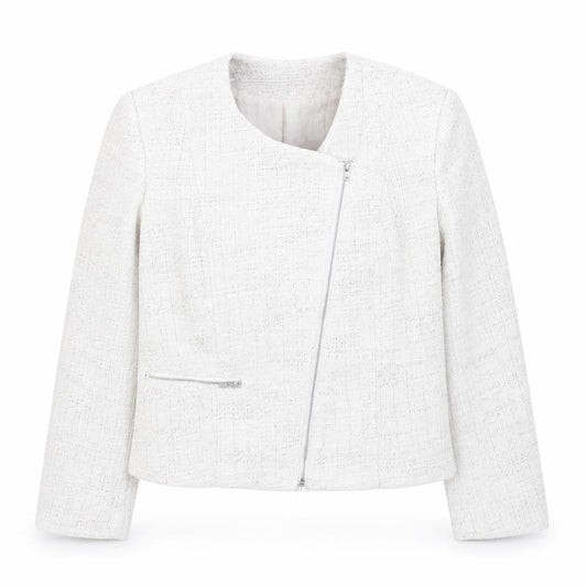 Front view of H&M women’s ivory bouclé suit jacket, size UK 10, long sleeve asymmetric zip