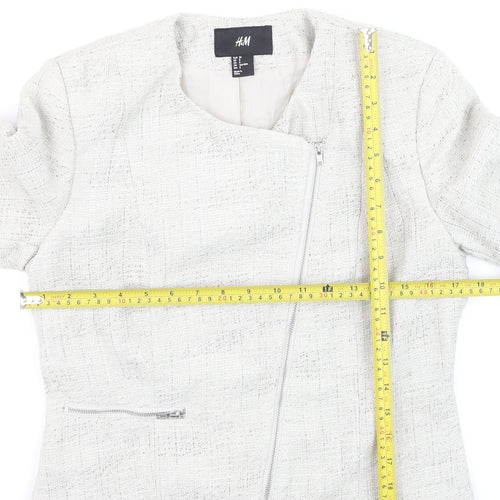 H&M Womens Ivory Bouclé Suit Jacket Size 10 Long Sleeve Asymmetric Zip