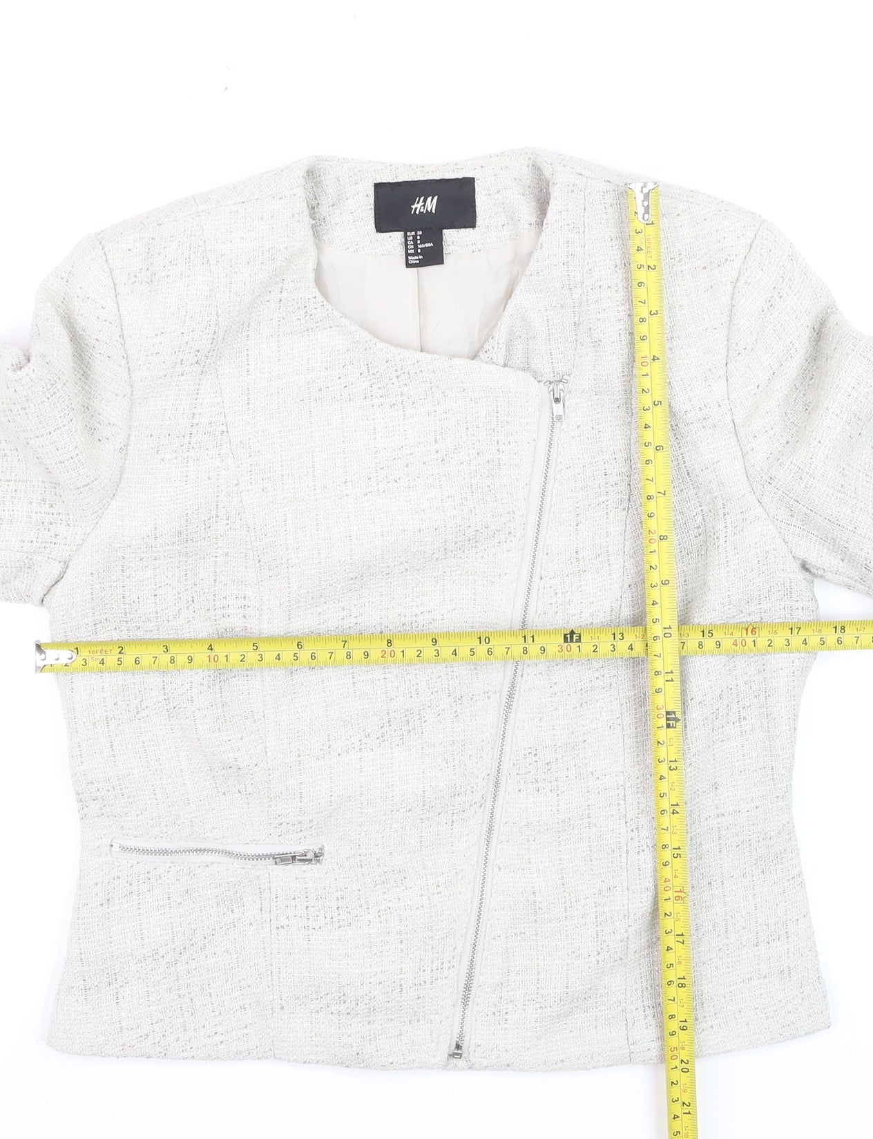 H&M Womens Ivory Bouclé Suit Jacket Size 10 Long Sleeve Asymmetric Zip