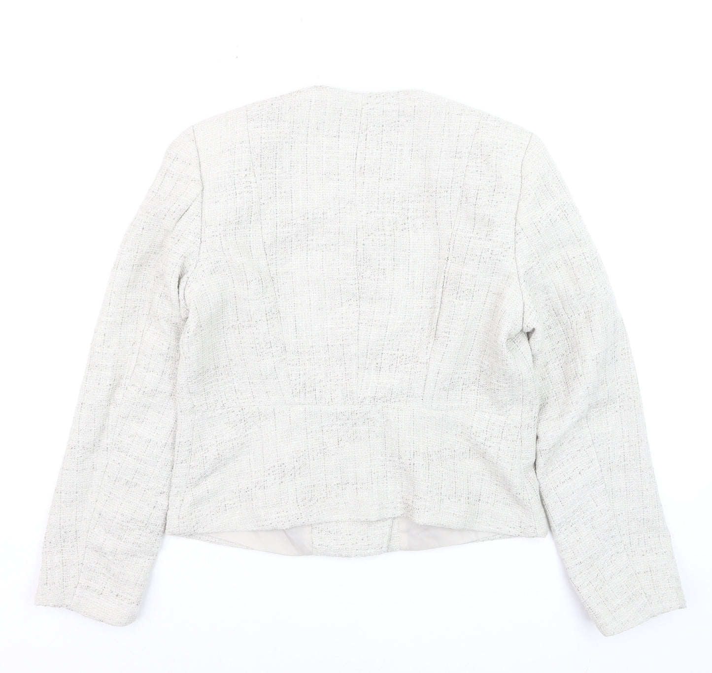 H&M Womens Ivory Bouclé Suit Jacket Size 10 Long Sleeve Asymmetric Zip