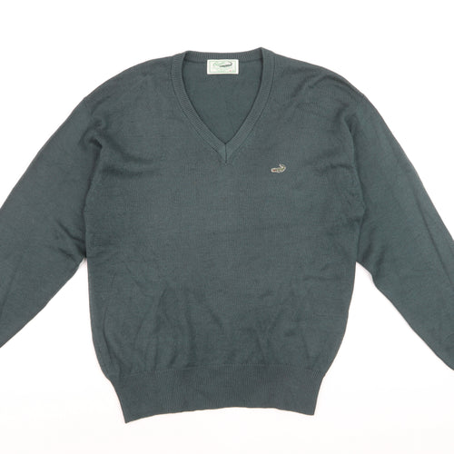 Crocodile Men Green Wool V-Neck Jumper M Tight-Knit Classic