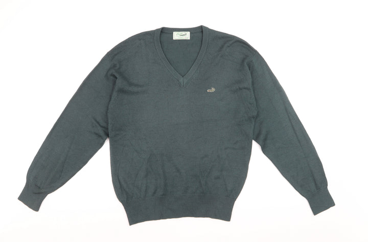 Crocodile Men Green Wool V-Neck Jumper M Tight-Knit Classic