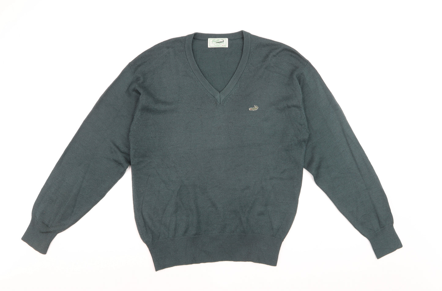 Crocodile Men Green Wool V-Neck Jumper M Tight-Knit Classic