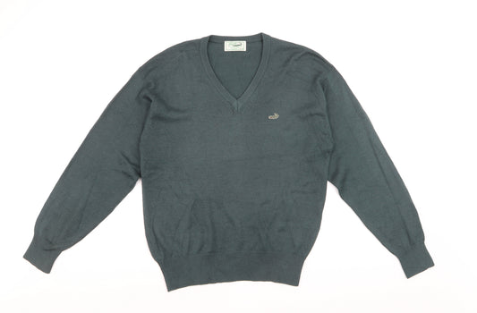 Crocodile Men Green Wool V-Neck Jumper M Tight-Knit Classic