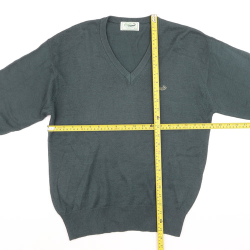 Crocodile Men Green Wool V-Neck Jumper M Tight-Knit Classic
