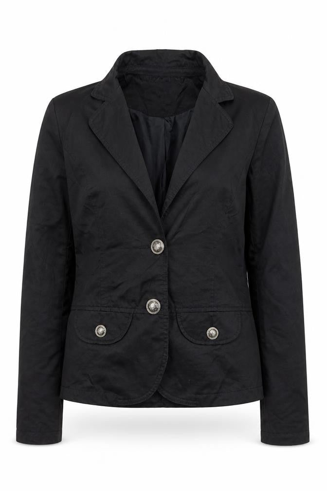 Front view of Stunner Women's Black Tailored Two-Button Blazer Jacket, size L