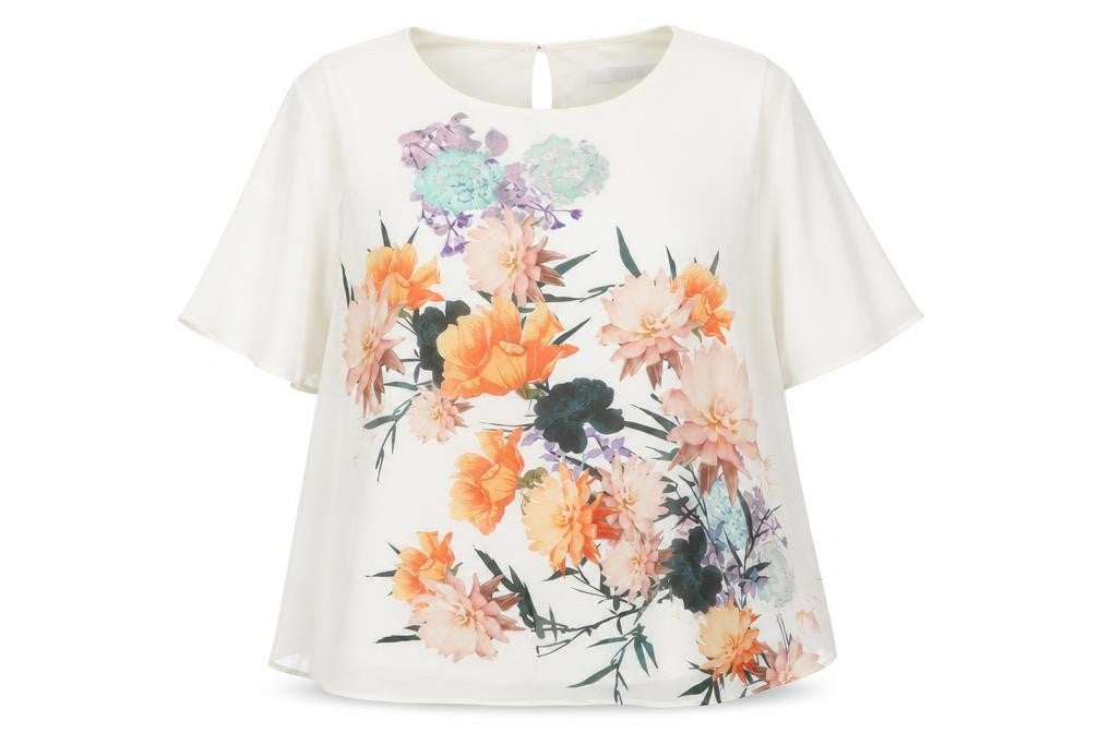 Front view of Evans women’s white floral chiffon tunic blouse, size UK 18