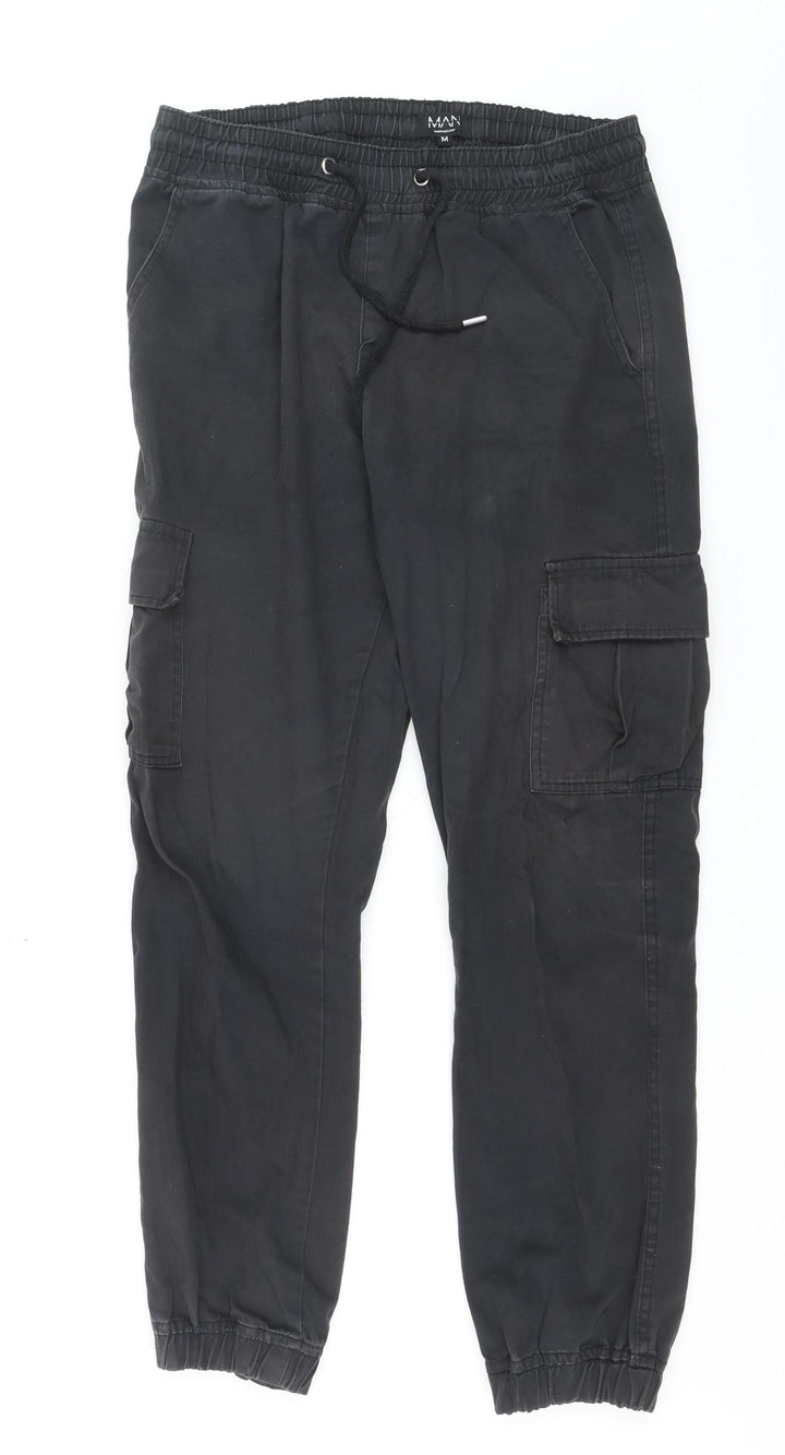 boohooMAN Mens Black Cargo Joggers Size M Elastic Waist Pockets Stylish Casual