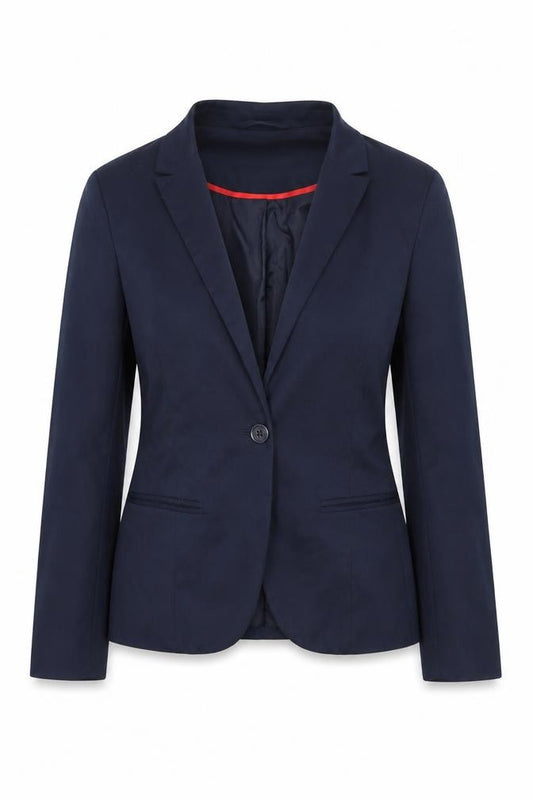 Front view of Pull&Bear Women's Navy Blue Slim Fit Blazer, size 10, Single Breasted