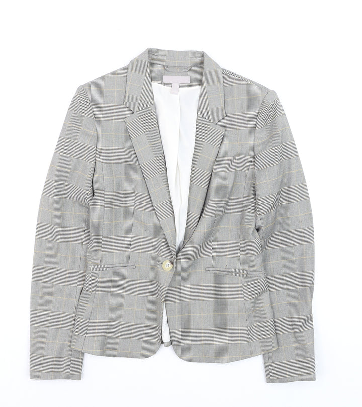 H&M Women Grey Check Blazer UK 8 Tailored Single-Breasted Jacket