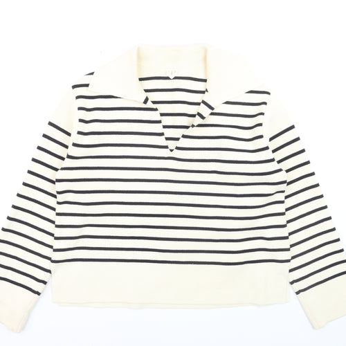 Arket Women’s Ivory Striped Collared Knit Jumper Size 12 Cotton