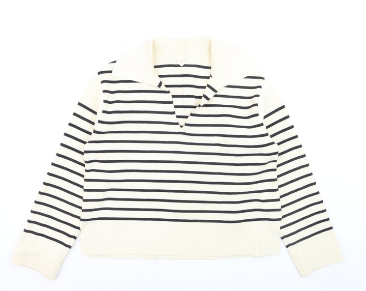 Arket Women’s Ivory Striped Collared Knit Jumper Size 12 Cotton