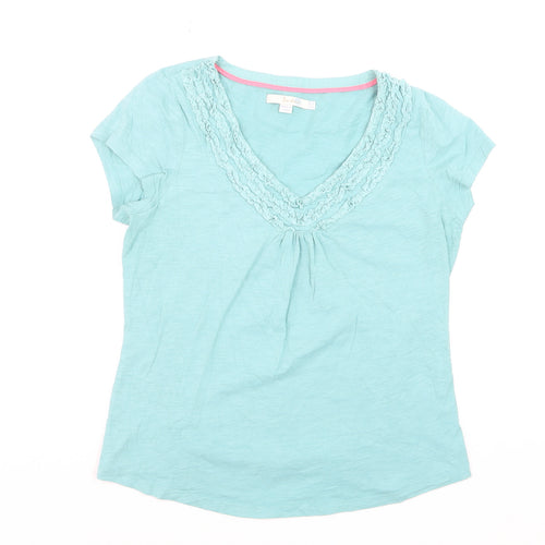 Boden Women's Blue V-Neck Ruffle Cotton T-Shirt Size 12