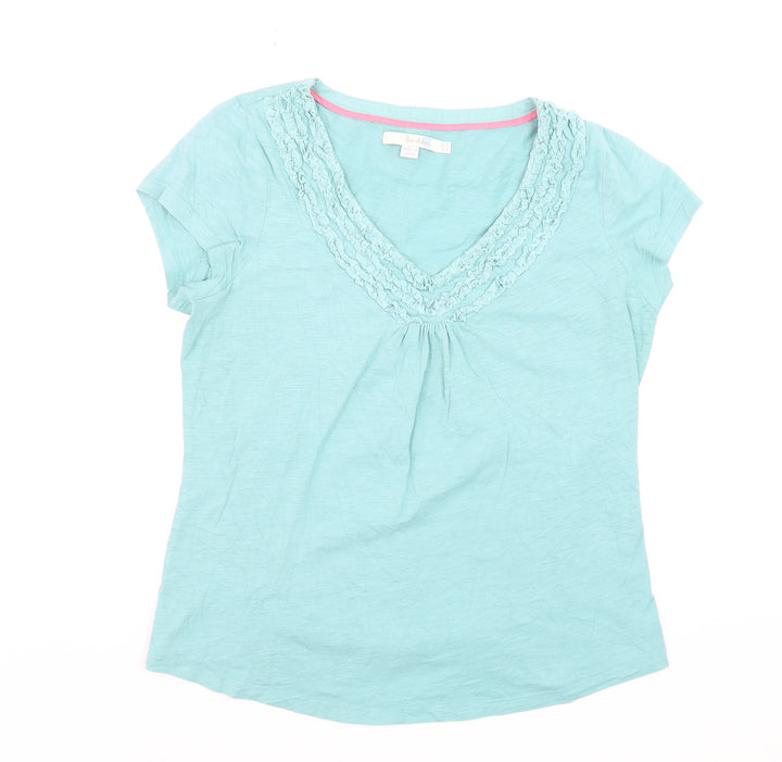 Boden Women's Blue V-Neck Ruffle Cotton T-Shirt Size 12
