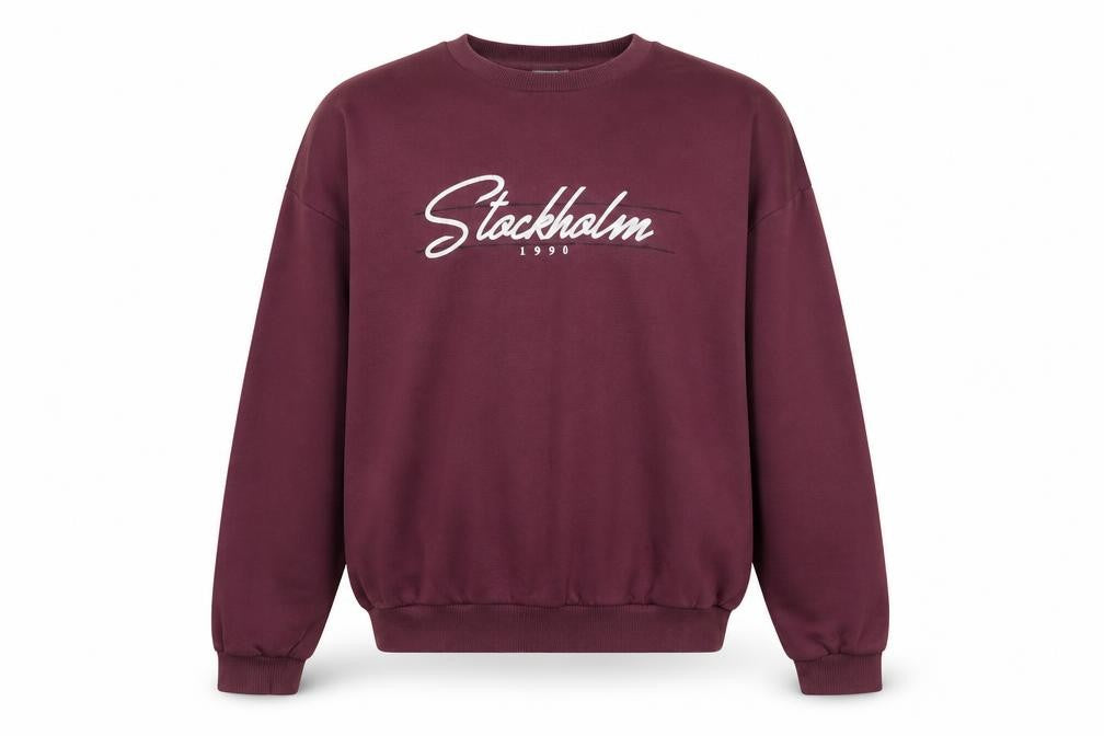 Front view of ASOS Men's Purple Stockholm 1990 Sweatshirt, size M, Pullover Crew Neck
