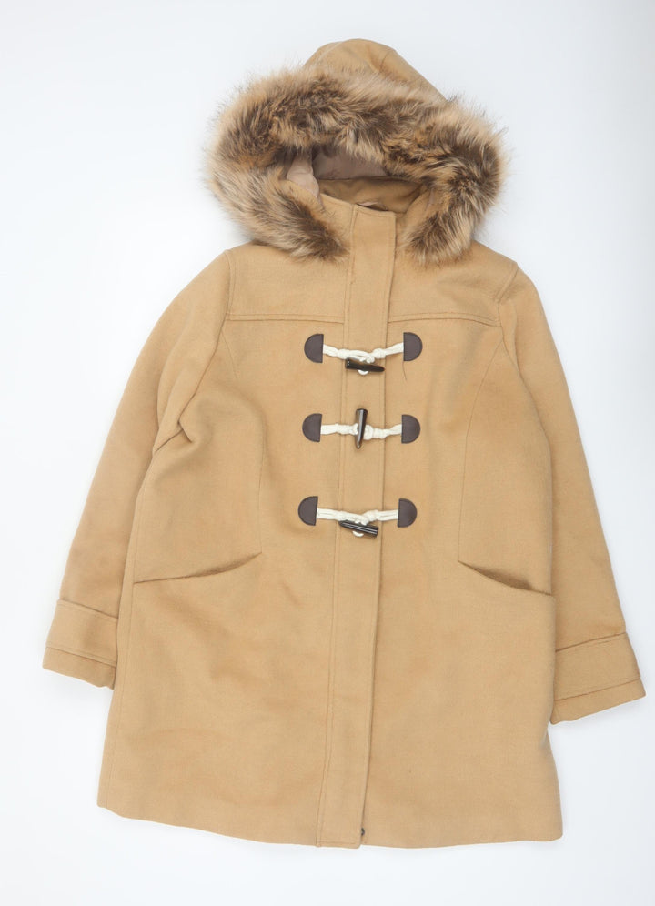 Tu Women’s Beige Faux Fur Hooded Duffle Coat Size 16