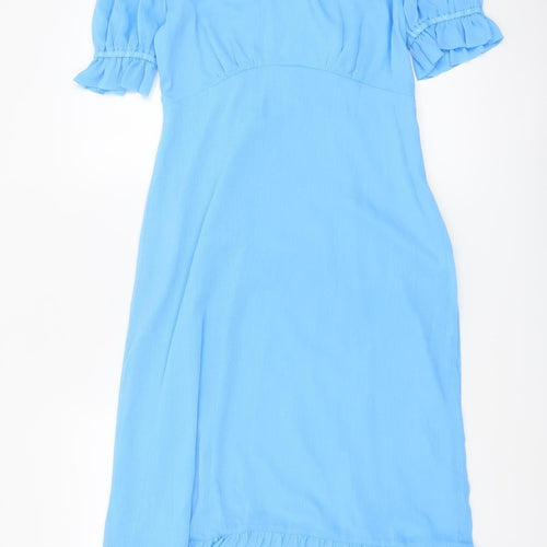 Finery Women's Blue Midi A-Line Dress UK 12 Puff Sleeve Ruffle Hem