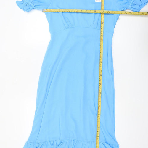 Finery Women's Blue Midi A-Line Dress UK 12 Puff Sleeve Ruffle Hem