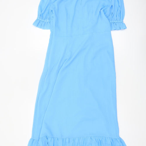 Finery Women's Blue Midi A-Line Dress UK 12 Puff Sleeve Ruffle Hem