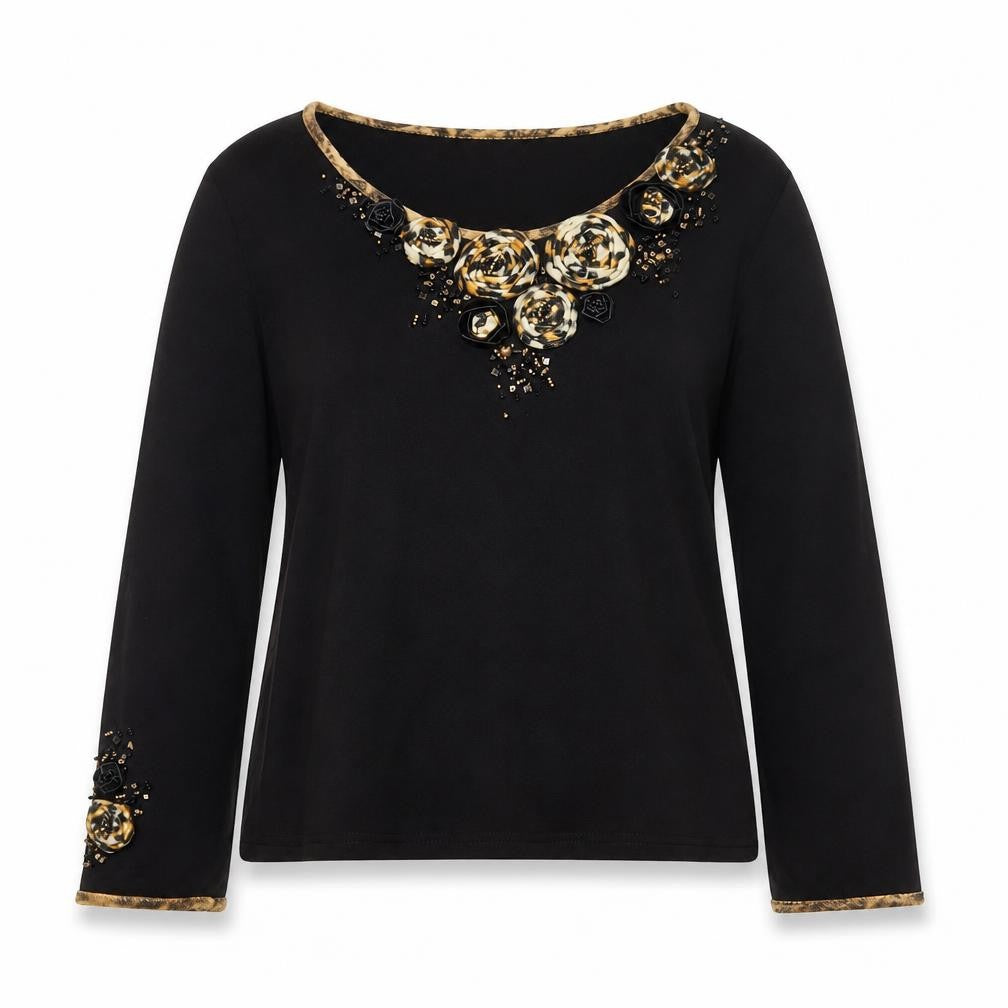 Front view of Philippe Carat Women's Black 2XL Beaded Floral jumper