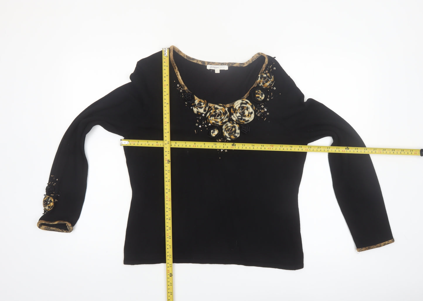 Philippe Carat Women's Black 2XL Beaded Floral Pullover Jumper