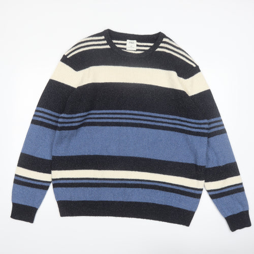 Marks and Spencer Men's Blue Striped 2XL Crew Neck Pullover Jumper