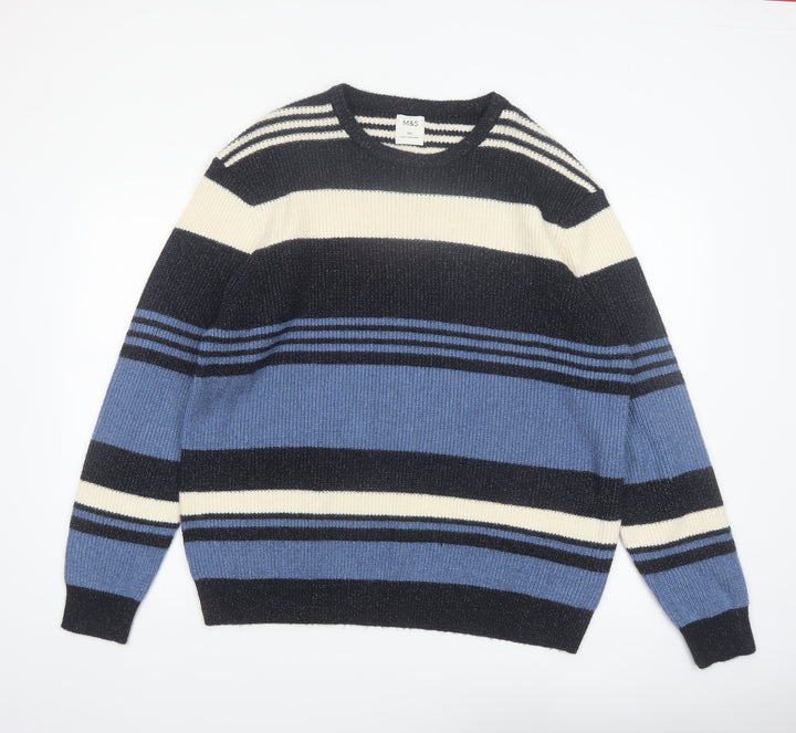 Marks and Spencer Men's Blue Striped 2XL Crew Neck Pullover Jumper