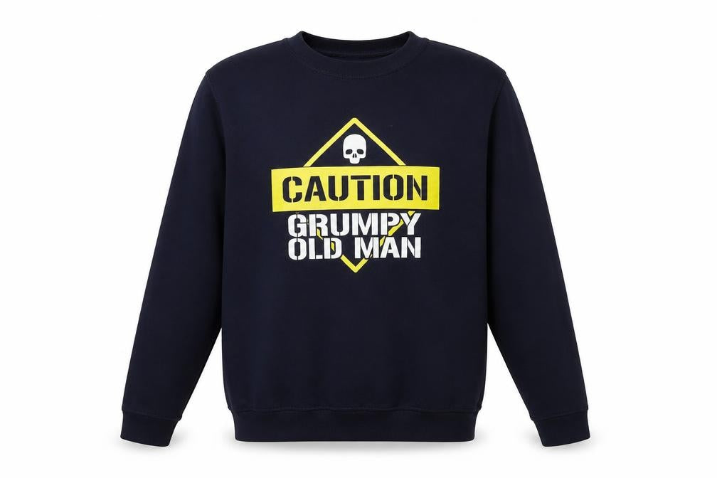Front view of JustHoods men’s blue funny graphic pullover sweatshirt, size L