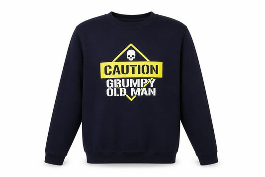 Front view of JustHoods men’s blue funny graphic pullover sweatshirt, size L