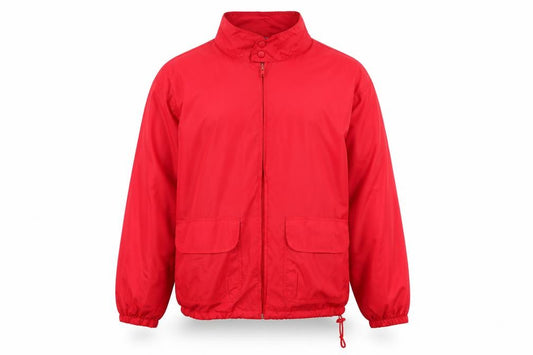 Front view of Woolrich Men's Red Nylon Windbreaker Jacket, size L, Outdoor Casual